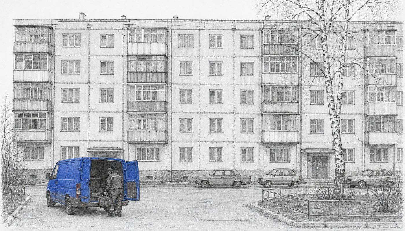 Карандашный рисунок. Мастер достаёт сумку с инструментом из машины, которая стоит во дворе панельной пятиэтажки.